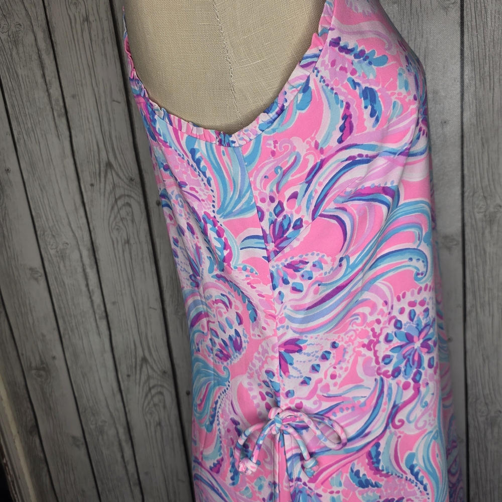 Lilly Pulitzer Mila Shift Romper | Built-in Shorts | Pink Blue Tropical | 6 - Picture 8 of 13